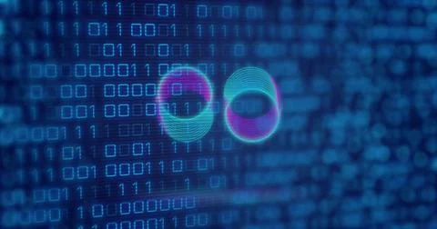 Image of neon circles over digital screen with binary code Stockillustratie