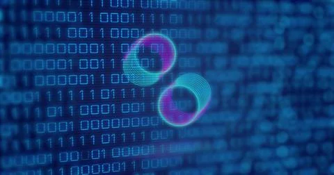 Image of neon circles over digital screen with binary code Stockillustratie