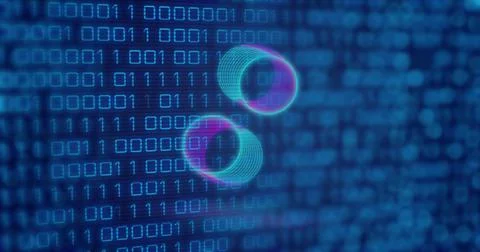 Image of neon circles over digital screen with binary code Stockillustratie