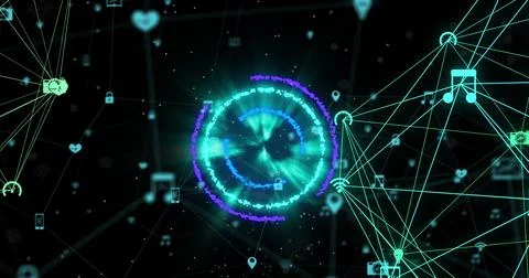 Image of neon circles over network of connections with icons in black space Stock Illustration