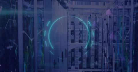 Image of neon circles over servers and shapes Foto stock