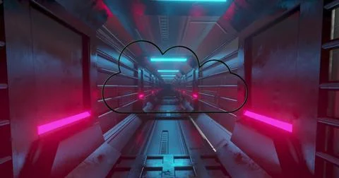 Image of neon cloud icon over glowing lgiht trails and computer server Stock Photos