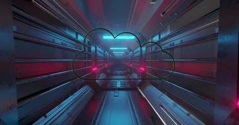 Image of neon cloud icon over glowing lgiht trails and computer server Stock Photos