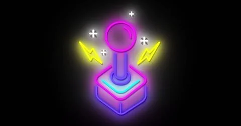 Image of neon image game joystick with neon light trails on black background Illustrazione stock