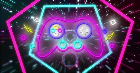 Image of neon image game pad and icons on black background Illustrazione stock