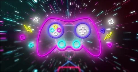 Image of neon image game pad and icons on black background イラスト素材
