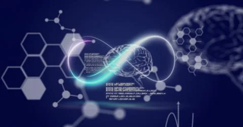 Image of neon infinity over brain, chemical formulas and data on navy background Stock Illustration