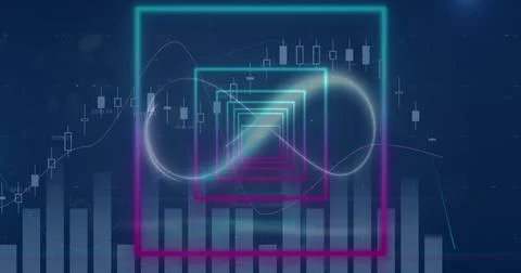 Image of neon infinity over digital screen with squares and graphs イラスト素材
