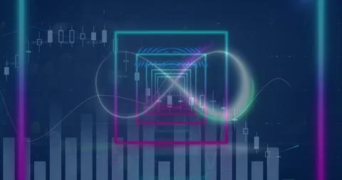 Image of neon infinity over digital screen with squares and graphs 스톡 일러스트