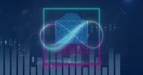 Image of neon infinity over digital screen with squares and graphs Ilustração Stock