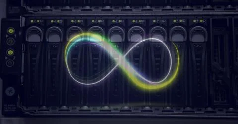 Image of neon infinity over servers Illustrazione stock
