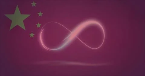 Image of neon infinity shape over multiple screens with data processing against Stock Photos