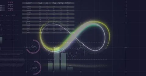 Image of neon infinity shape over statistical data processing against black Stock Photos
