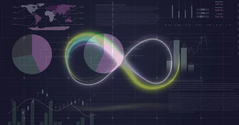 Image of neon infinity shape over statistical data processing against black Stock Photos