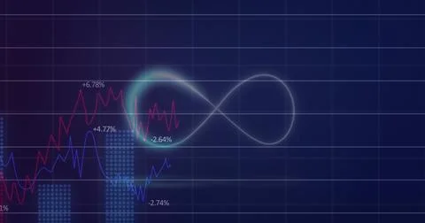 Image of neon infinity symbol over statistical data processing against blue Stock Illustration