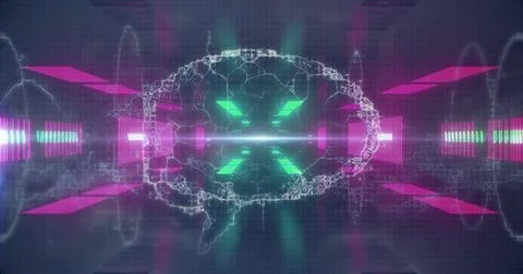 Image of neon lights moving over brain and waves on black background Stock Illustration