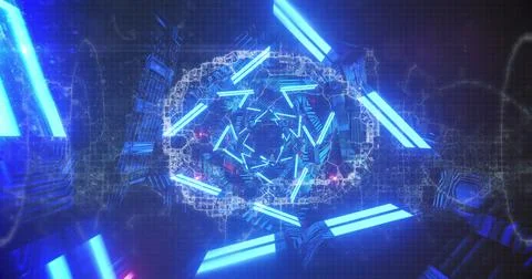 Image of neon lights rotating over brain and waves on black background Stock Illustration