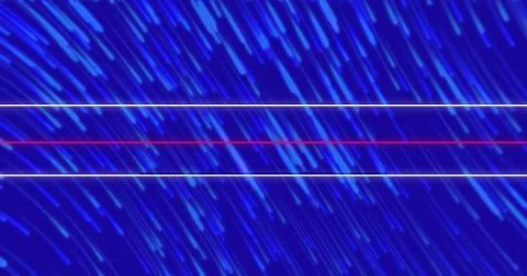 Image of neon lines and light trails pattern on blue background Stockillustratie