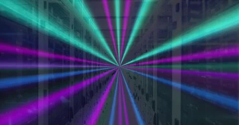 Image of neon lines, data processing over servers Stock Photos