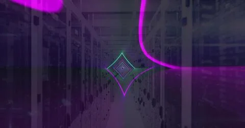 Image of neon lines, data processing over servers 스톡 사진