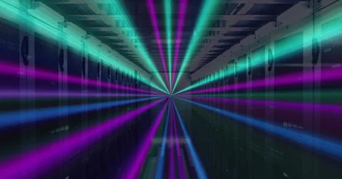 Image of neon lines, data processing over servers Stock Photos