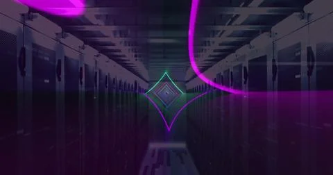 Image of neon lines, data processing over servers Stock Photos