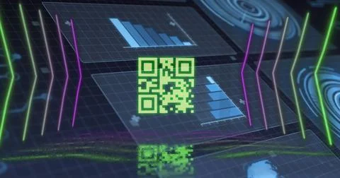 Image of neon lines, qr code and data processing on digital screens Stock Illustration