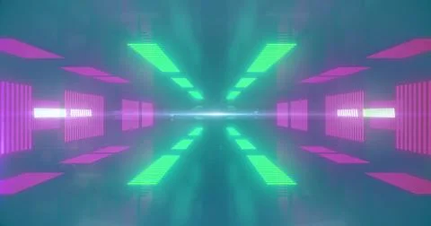 Image of neon pattern moving on seamless loop on blue background Illustrazione stock