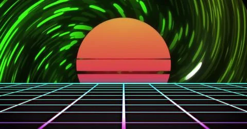 Image of neon pattern over light trails and sunset background Stock Illustration