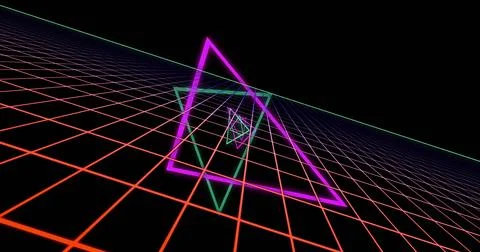 Image of neon pattern over light trails background 스톡 일러스트