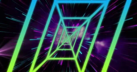 Image of neon pattern over light trails on black background Stock Photos