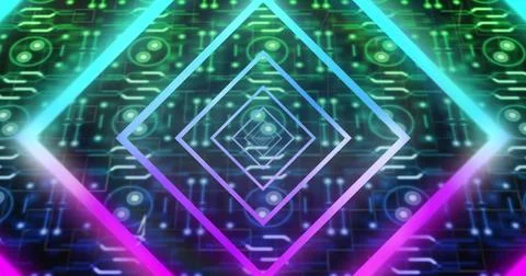 Image of neon pattern tunnel, data processing over computer circuit board Illustrazione stock