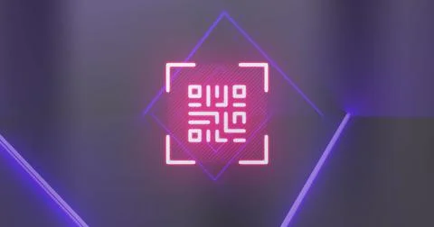 Image of neon pink qr code scanner and light trails against blue background 库存照片