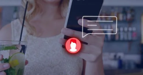 Image of neon profile and message icon against mid section of woman using Stock Photos