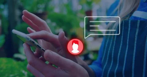 Image of neon profile and message icon against mid section of woman using Stock Photos