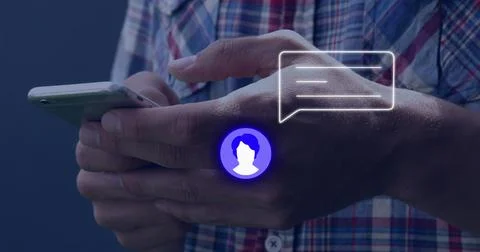 Image of neon profile and message icon against mid section of man using a Stock Photos