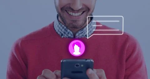 Image of neon profile and message icon against mid section of caucasian man Stock Photos