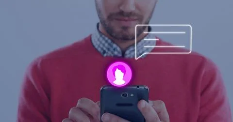 Image of neon profile and message icon against mid section of caucasian man Stock Photos