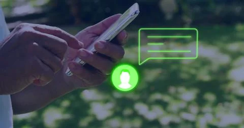 Image of neon profile and message icon against mid section of man using Stock Photos