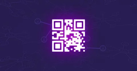 Image of neon qr code and connections on violet background 스톡 사진