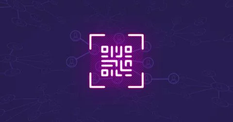 Image of neon qr code and connections on violet background Stock Photos