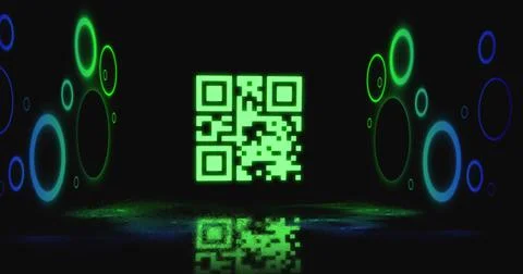 Image of neon qr code with circles over black background Stock Illustration