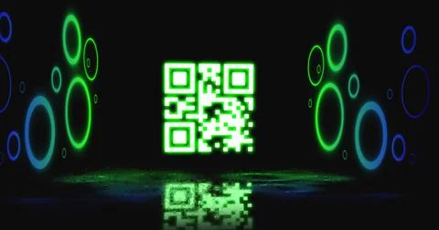 Image of neon qr code with circles over black background イラスト素材