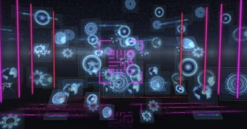 Image of neon qr code with lines over data processing and scope scanning on Stock Illustration