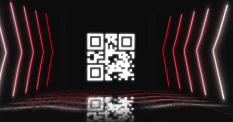 Image of neon qr code with lines over black background Illustrazione stock