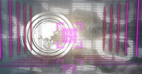 Image of neon qr code with lines over data processing and globe on black Stock Illustration