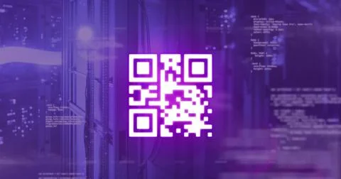 Image of neon qr code with lines over data processing and server room Stock Illustration
