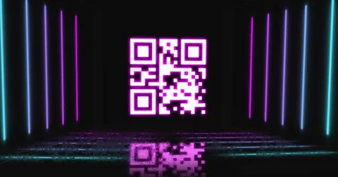 Image of neon qr code with lines over black background Stock Illustration