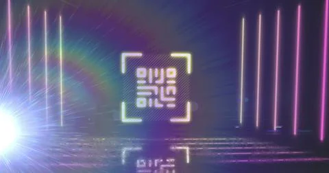 Image of neon qr code with lines and light trails over black background Illustrazione stock