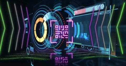 Image of neon qr code with lines over data processing and scope scanning on Stock Illustration